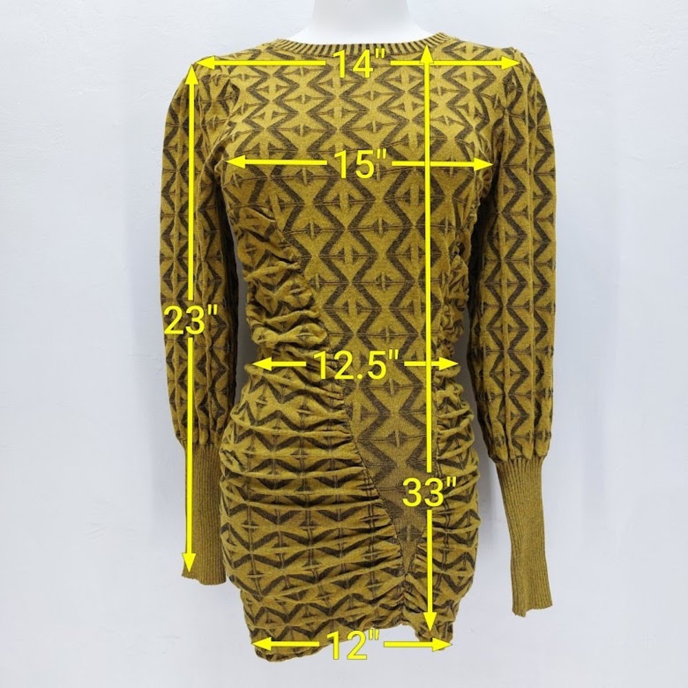 Zara Knit Dress Women's Small Mustard Geometric Ruched Puff Sleeve Mini Retro - Picture 9 of 9